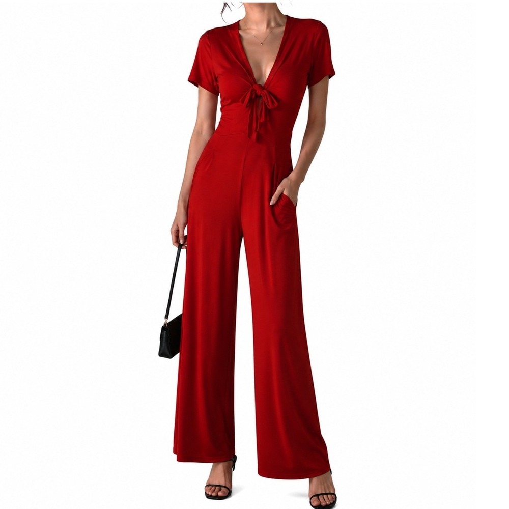 Express Red Tie-Front  Officecore Siren Casual Jumpsuit Short Sleeve Wide Leg XS